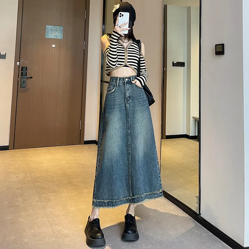 FAWENXIANGZI Denim Long Skirt Women's-1