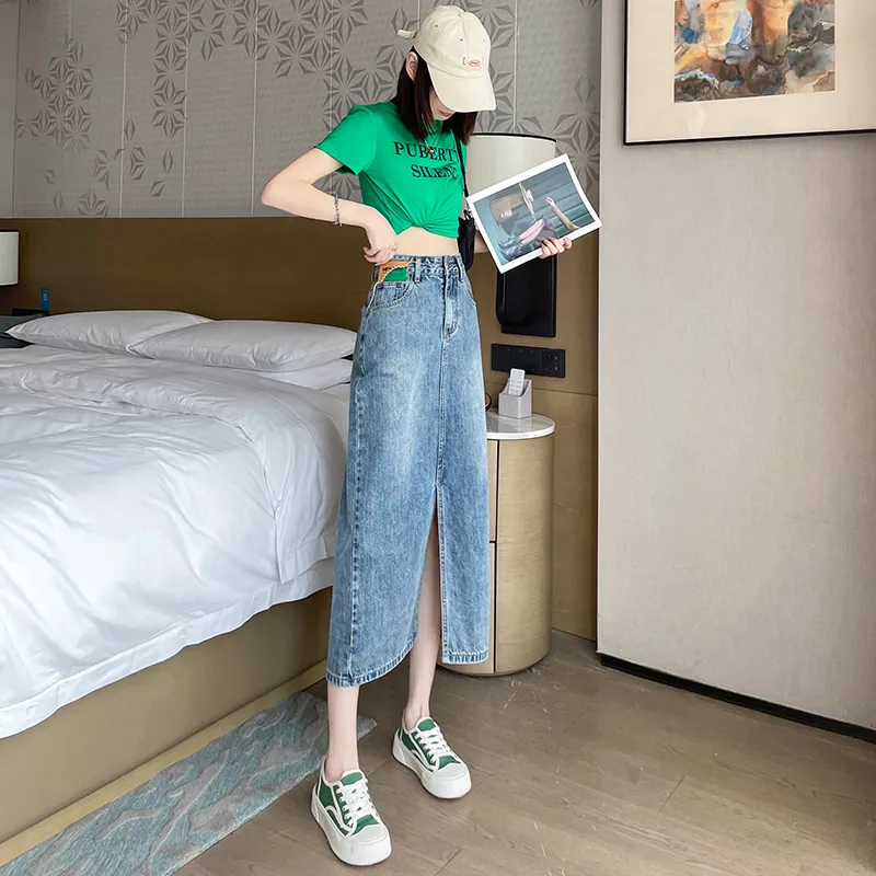 FAWENXIANGZI Denim Long Skirt Women's Vintage Blue-2