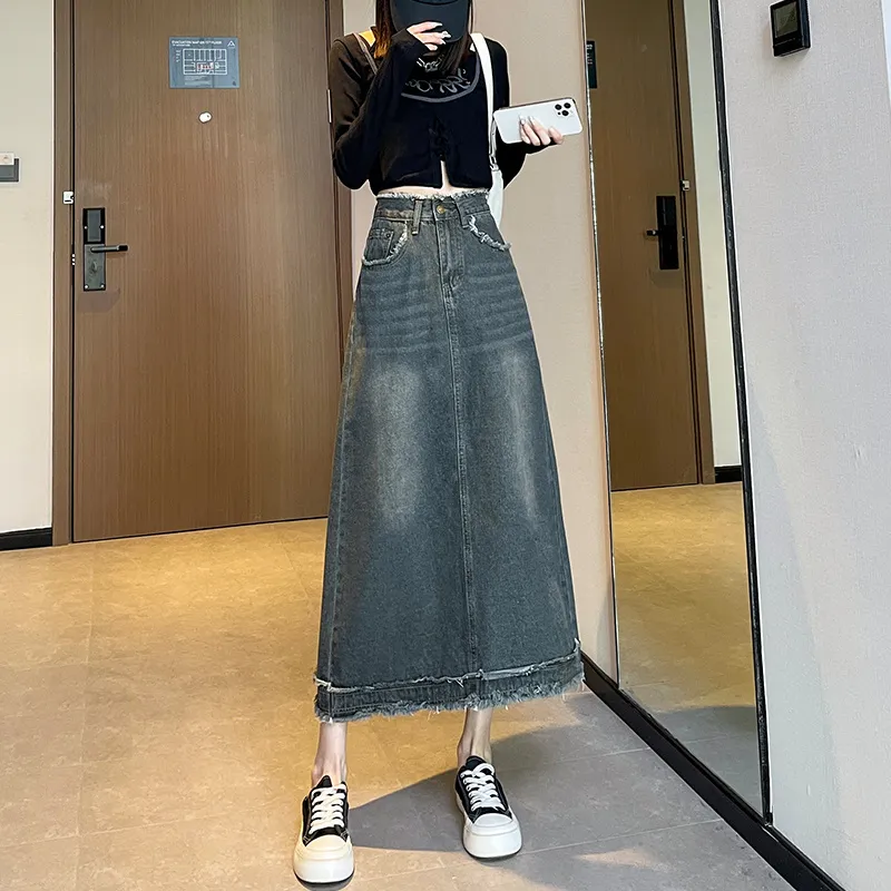 FAWENXIANGZI Denim Long Skirt Women's-6