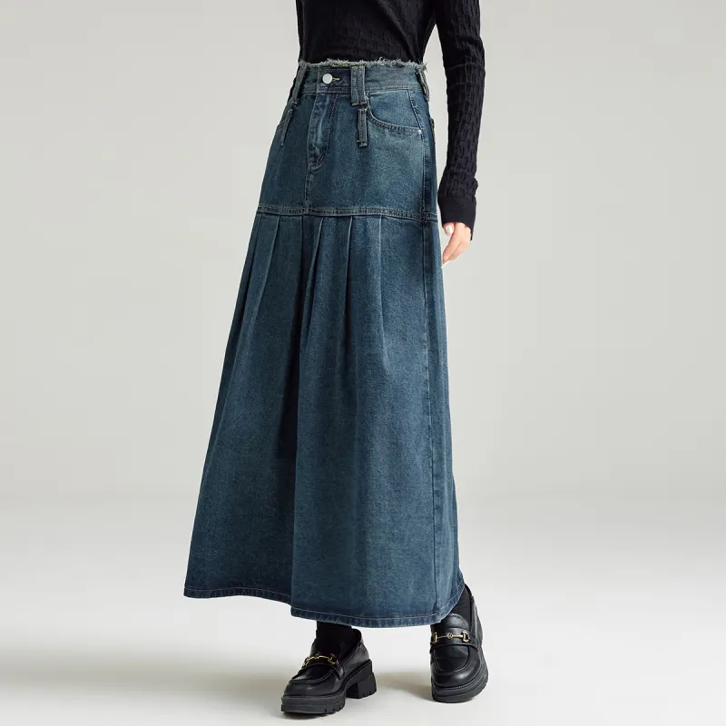 FAWENXIANGZI Denim Long Skirt Women's Vintage Blue-2