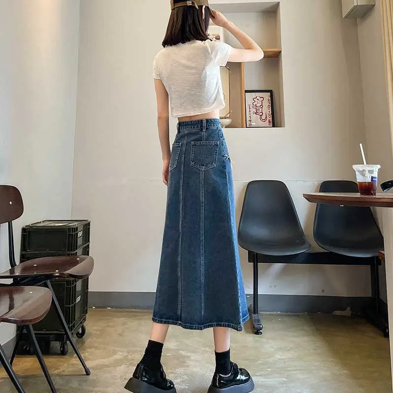 FAWENXIANGZI Denim Long Skirt Women's Blue-6
