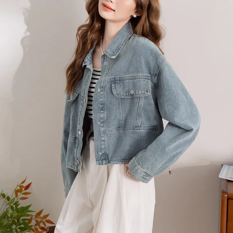 FAWENXIANGZI Denim Jacket Women's Light Denim Blue-4