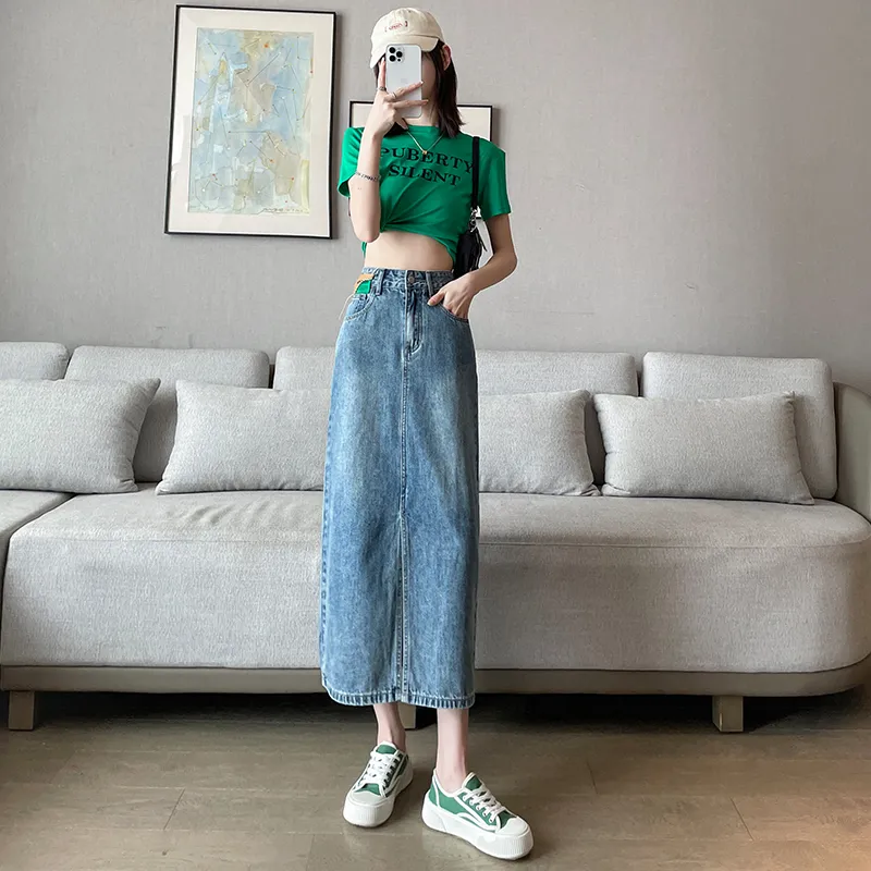 FAWENXIANGZI Denim Long Skirt Women's Vintage Blue-4
