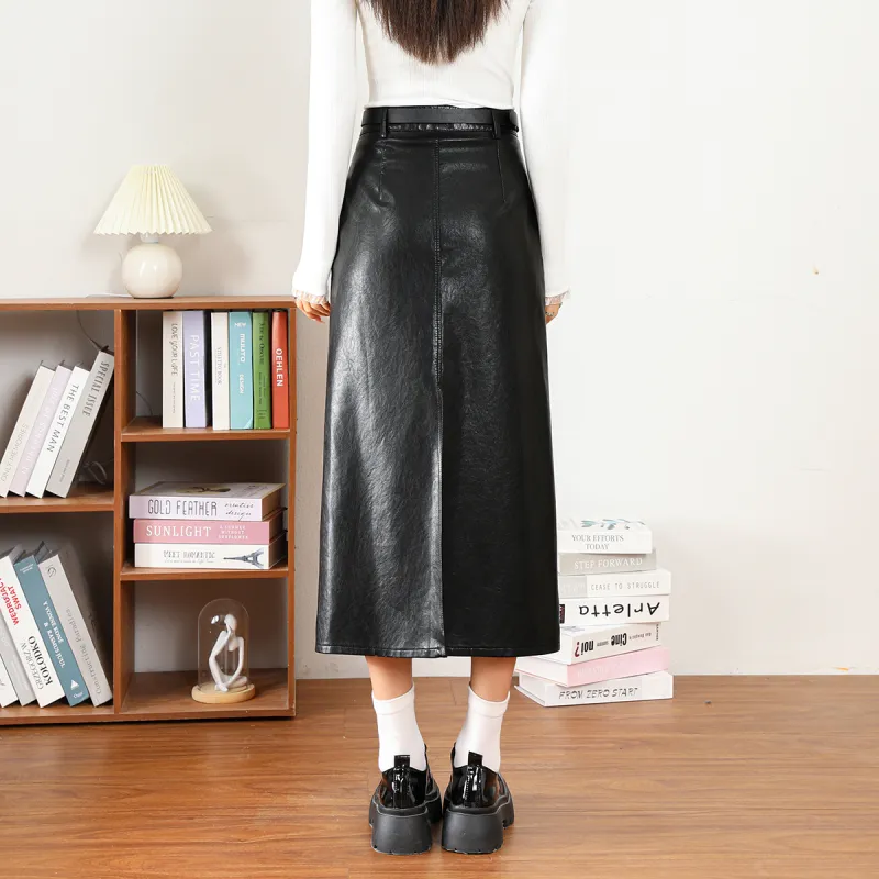 FAWENXIANGZI Leather Long Skirt Women's-3