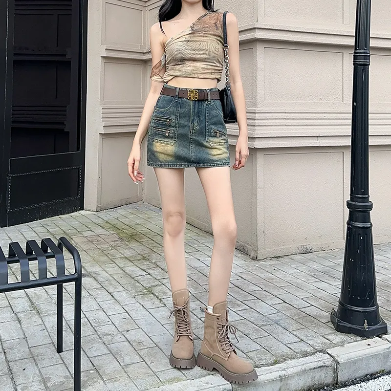 FAWENXIANGZI Denim Short Skirts Women's Vintage Blue-4
