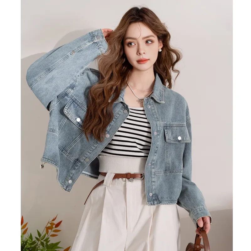 FAWENXIANGZI Denim Jacket Women's Light Denim Blue-3