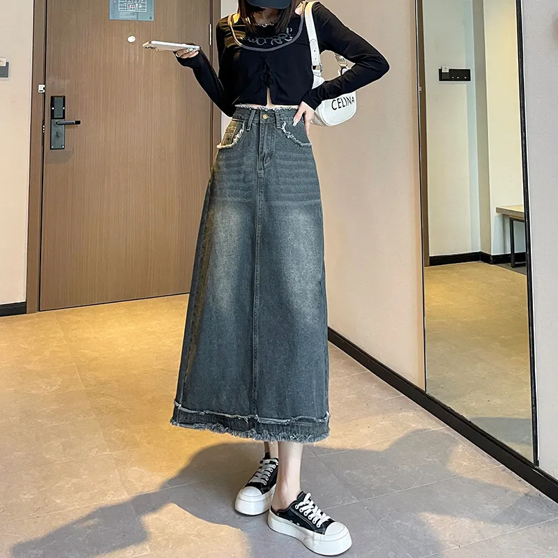 FAWENXIANGZI Denim Long Skirt Women's-7