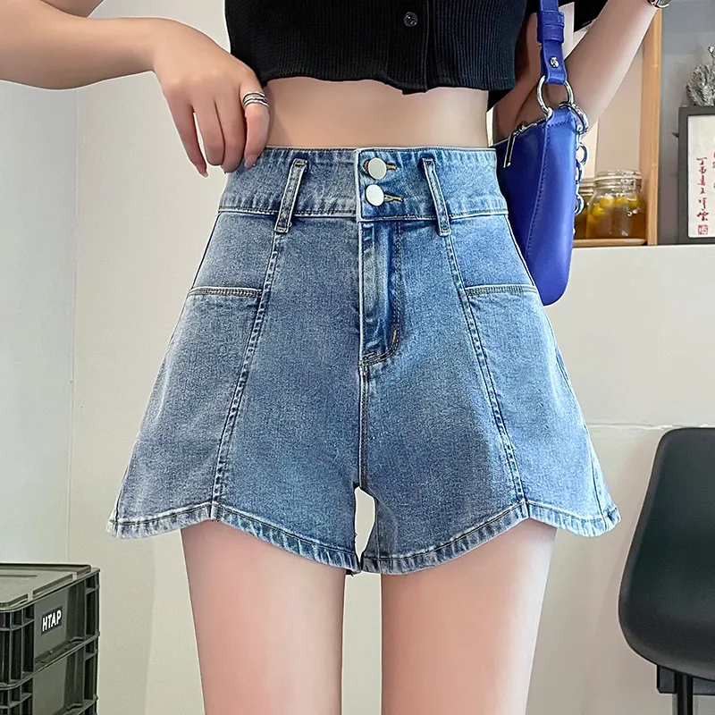 FAWENXIANGZI Denim Shorts Women's Vintage Blue-4