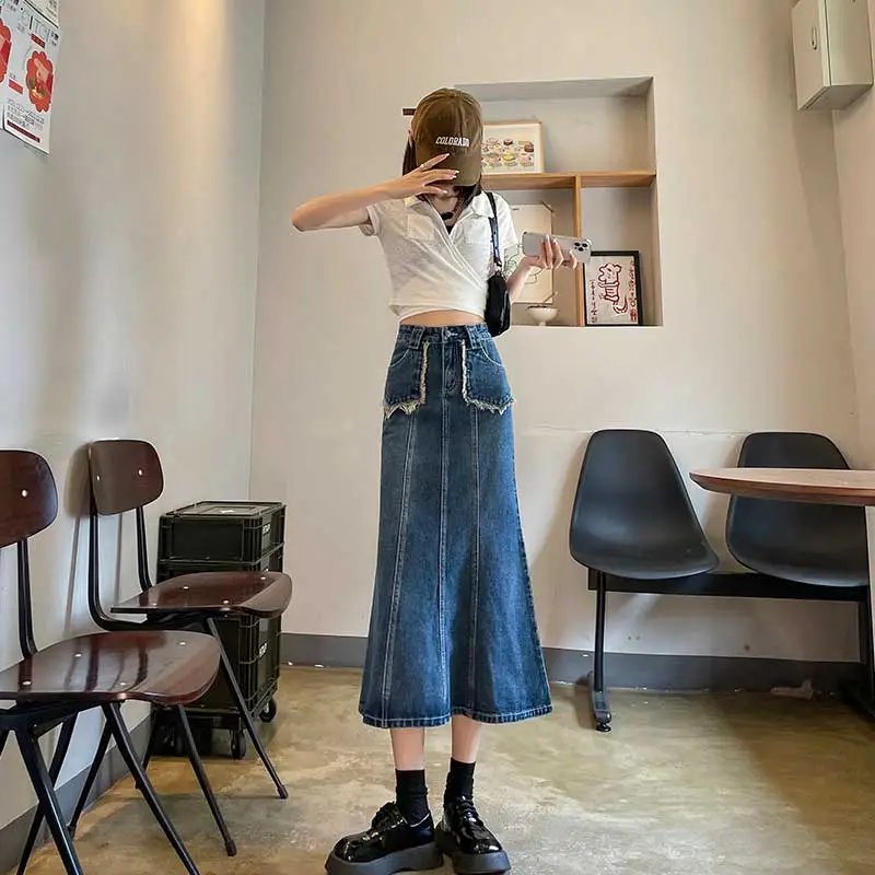FAWENXIANGZI Denim Long Skirt Women's Blue-5