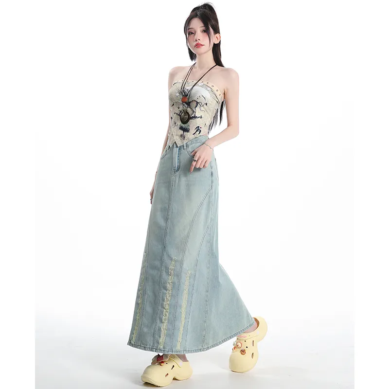 FAWENXIANGZI Denim Long Skirt Women's Blue-2