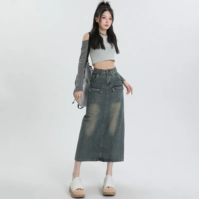 FAWENXIANGZI Denim Long Skirt Women's Nostalgic Blue-2