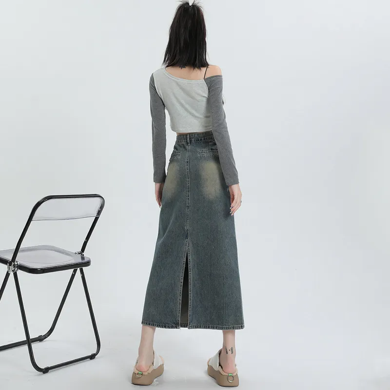 FAWENXIANGZI Denim Long Skirt Women's Nostalgic Blue-5