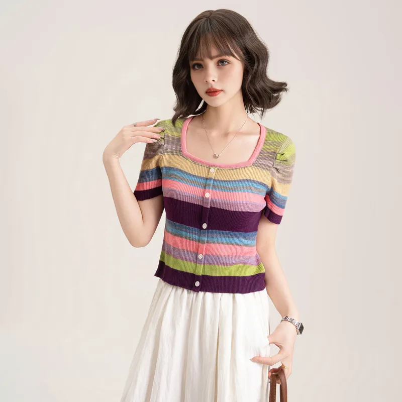 FAWENXIANGZI Crop Tops Women's Pink+Purple Blend-2