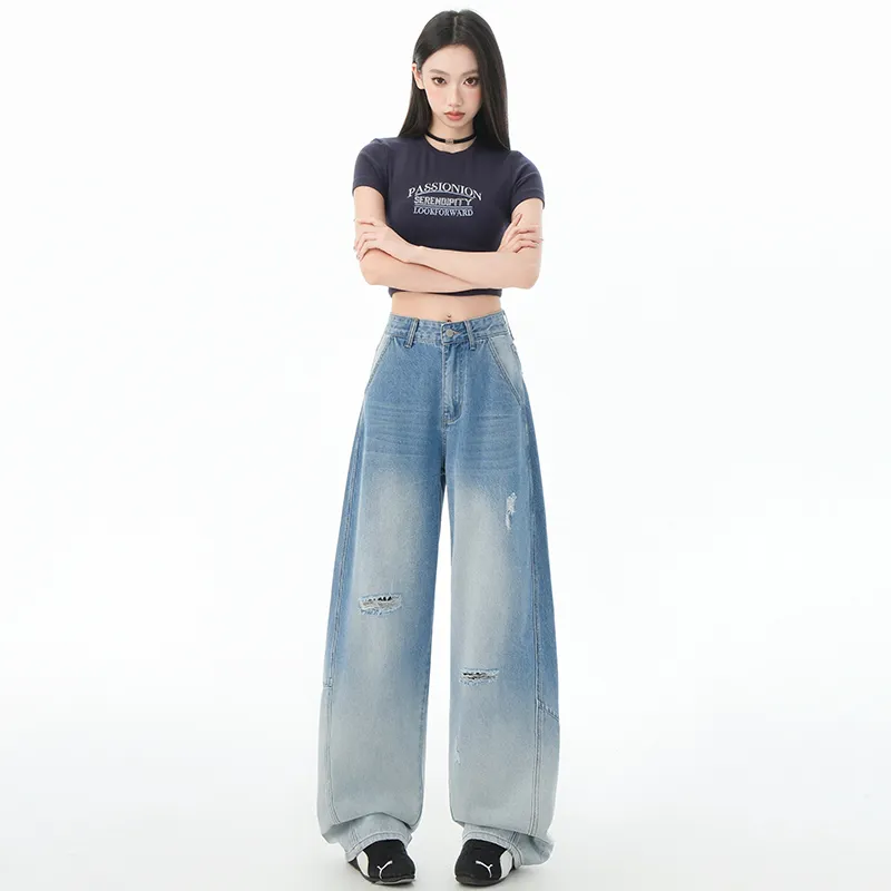 FAWENXIANGZI Jeans Women's Gradient Blue-7