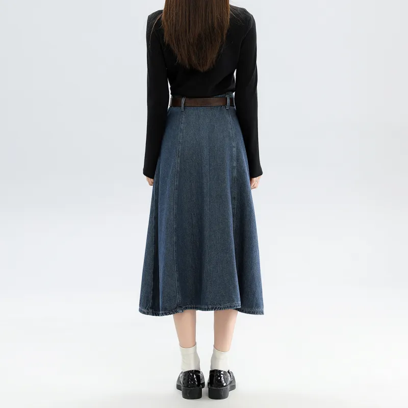 FAWENXIANGZI Denim Long Skirt Women's Blue-4