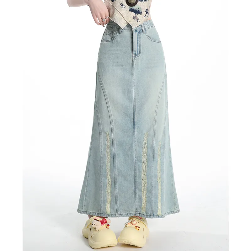 FAWENXIANGZI Denim Long Skirt Women's Blue-3