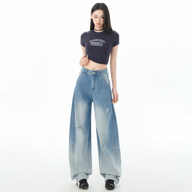 FAWENXIANGZI Jeans Women's Gradient Blue-3