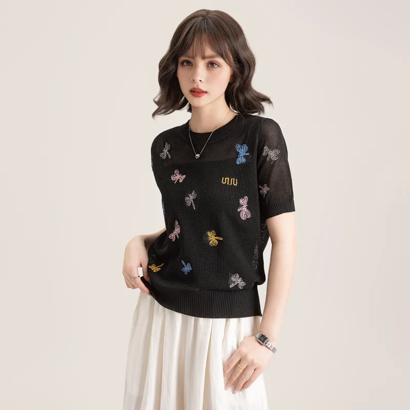 FAWENXIANGZI T Shirts Women's Black Dragonfly-3