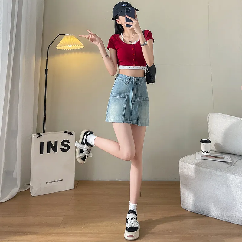 FAWENXIANGZI Denim Short Skirts Women's Blue-5