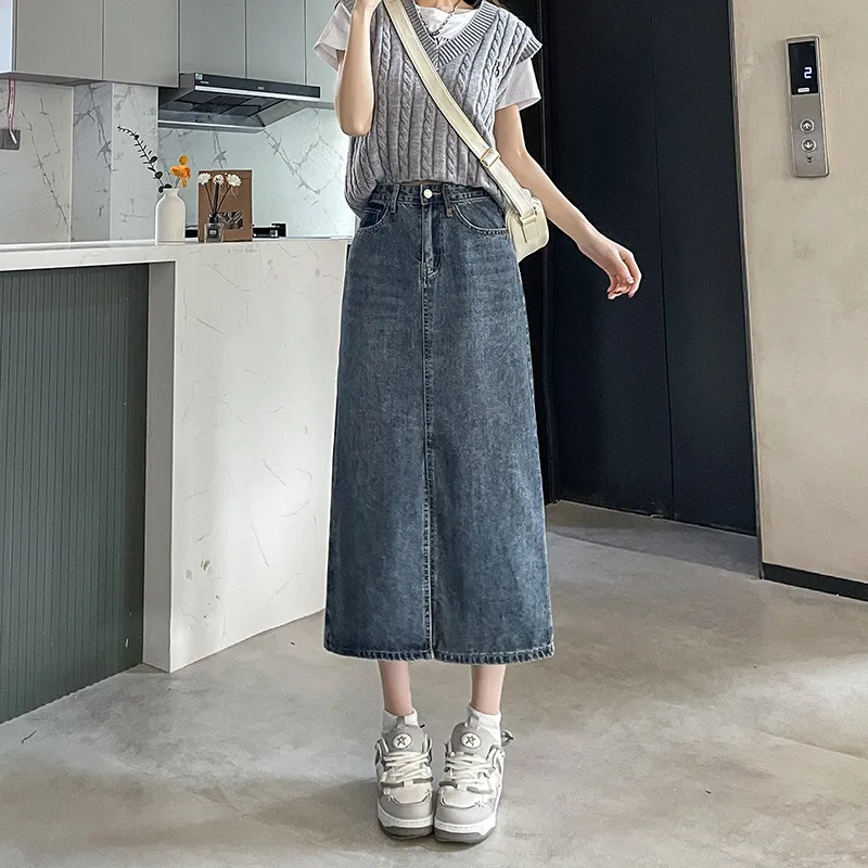 FAWENXIANGZI Denim Long Skirt Women's Vintage Blue-5