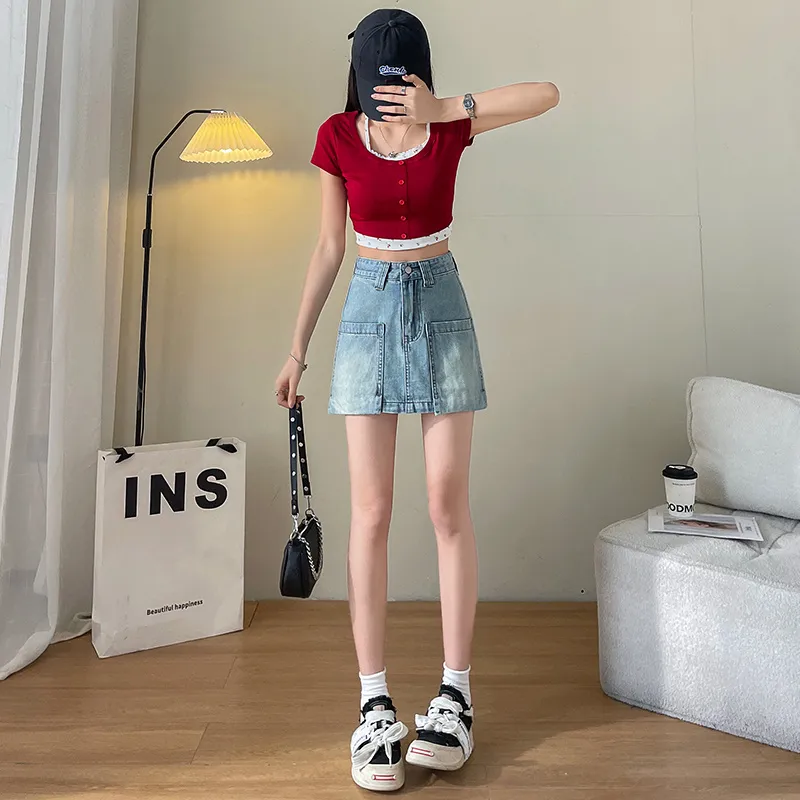 FAWENXIANGZI Denim Short Skirts Women's Blue-3