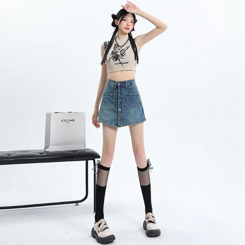FAWENXIANGZI Denim Shorts Women's Blue-2