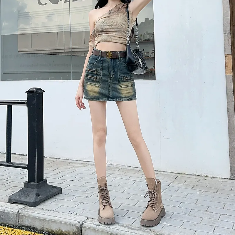 FAWENXIANGZI Denim Short Skirts Women's Vintage Blue-2