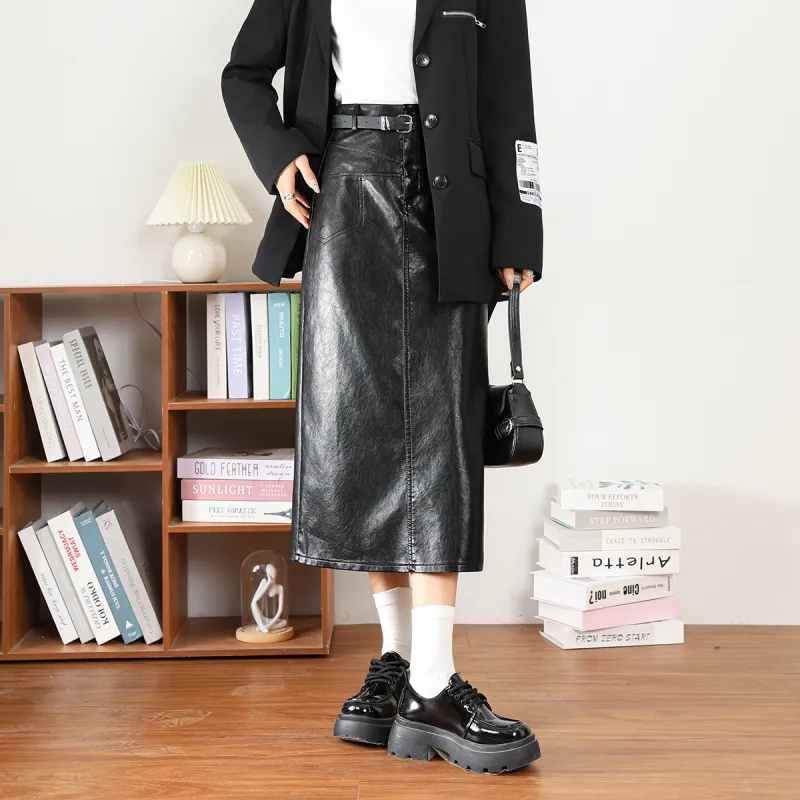 FAWENXIANGZI Leather Long Skirt Women's-4