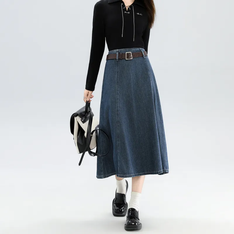 FAWENXIANGZI Denim Long Skirt Women's Blue-2