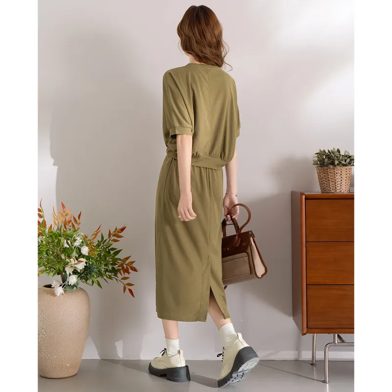 FAWENXIANGZI Two Piece Skirt Sets Women's Army Green-0