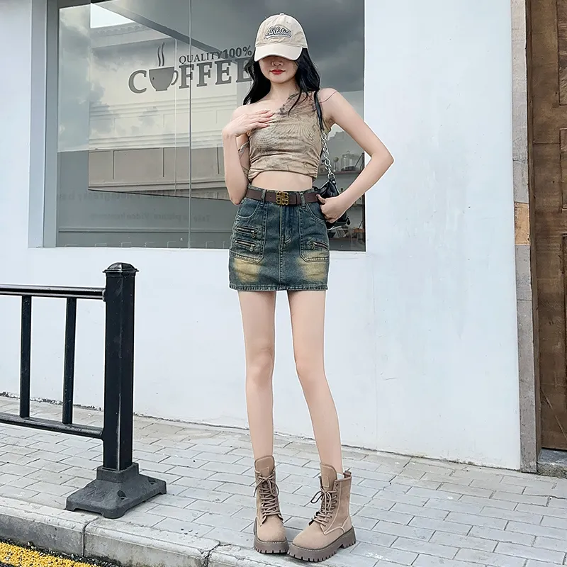 FAWENXIANGZI Denim Short Skirts Women's Vintage Blue-1