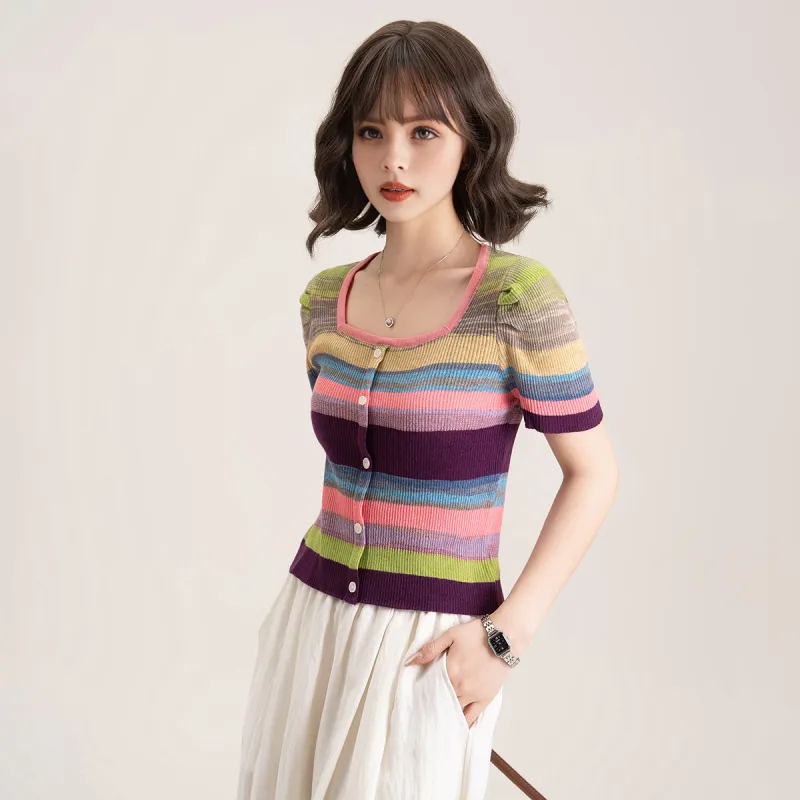 FAWENXIANGZI Crop Tops Women's Pink+Purple Blend-3
