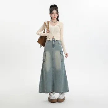 FAWENXIANGZI Denim Long Skirt Women's Light Blue