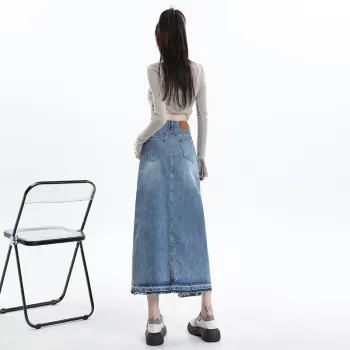 FAWENXIANGZI Denim Long Skirt Women's Vintage Blue
