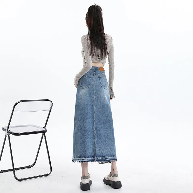 FAWENXIANGZI Denim Long Skirt Women's Vintage Blue-0