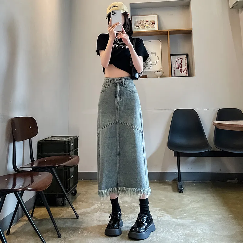 FAWENXIANGZI Denim Long Skirt Women's Blue-4