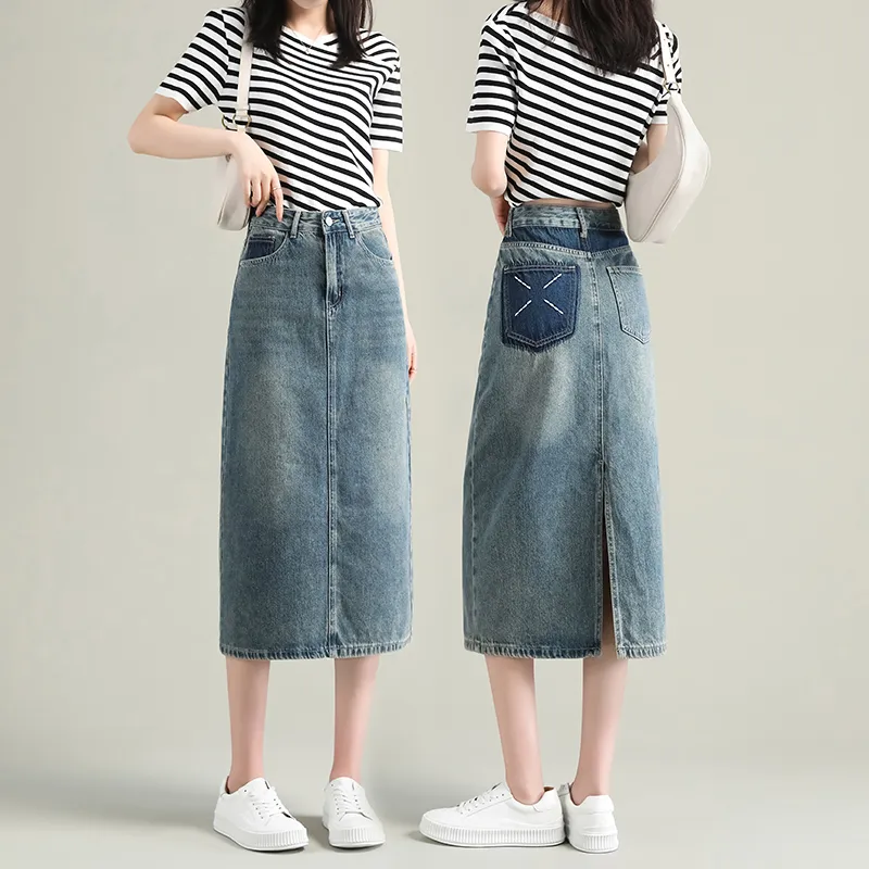 FAWENXIANGZI Denim Long Skirt Women's Vintage Blue-3