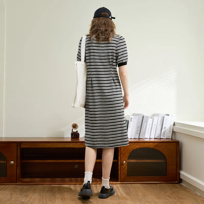 FAWENXIANGZI Short Sleeved Dress Women's Black White Stripes-2