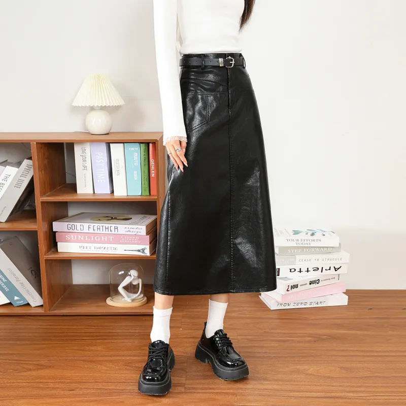 FAWENXIANGZI Leather Long Skirt Women's-1