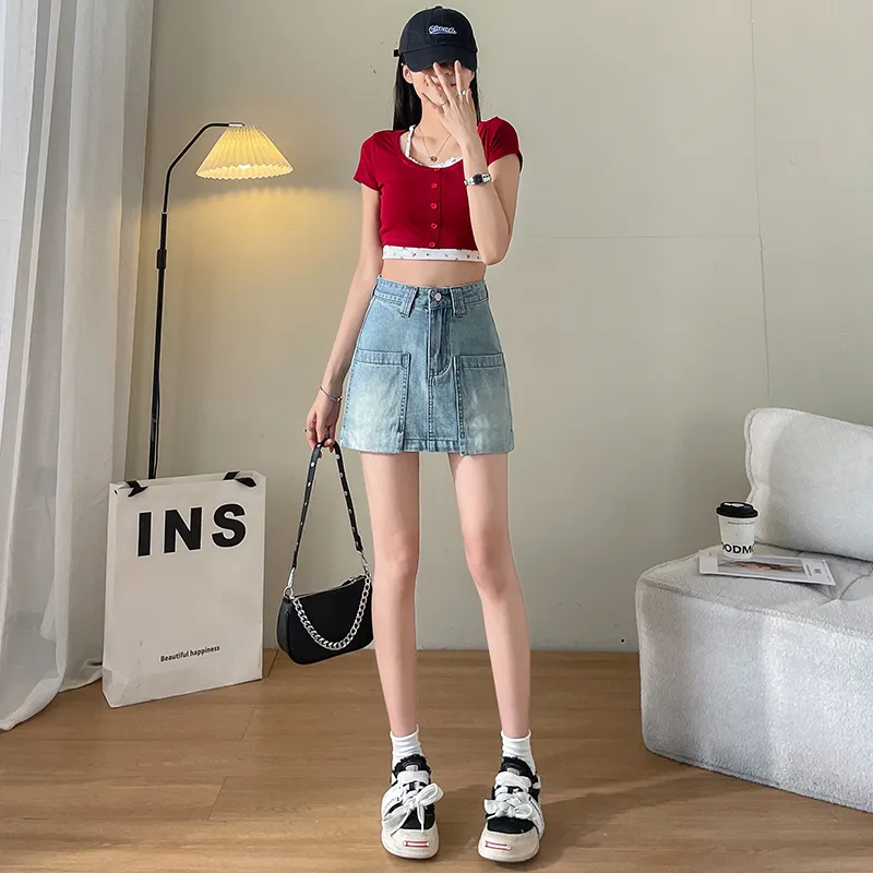 FAWENXIANGZI Denim Short Skirts Women's Blue-2