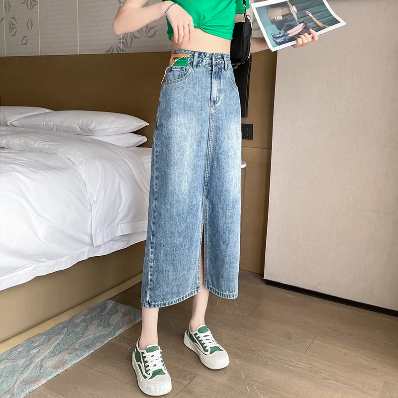 FAWENXIANGZI Denim Long Skirt Women's Vintage Blue-5