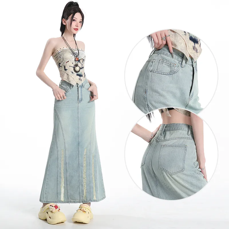 FAWENXIANGZI Denim Long Skirt Women's Blue-4