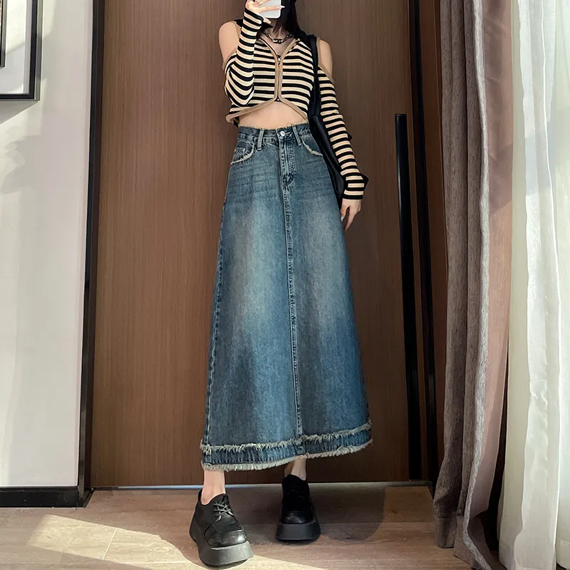 FAWENXIANGZI Denim Long Skirt Women's-3