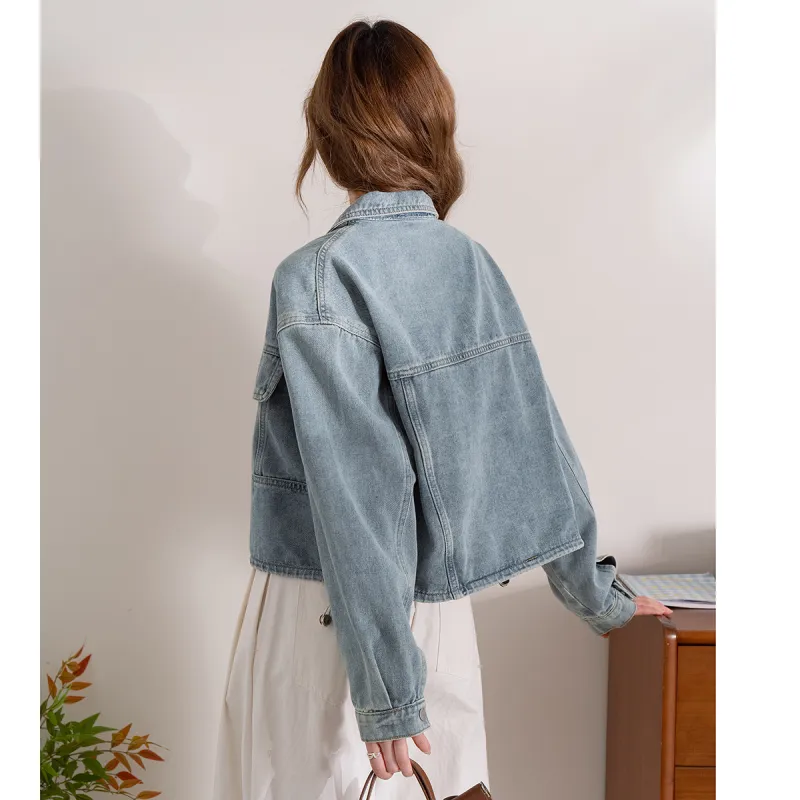 FAWENXIANGZI Denim Jacket Women's Light Denim Blue-5