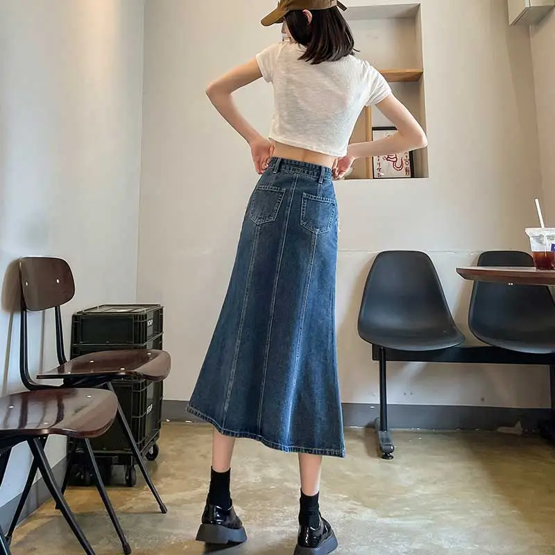 FAWENXIANGZI Denim Long Skirt Women's Blue-7