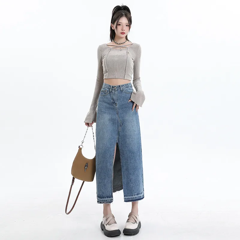 FAWENXIANGZI Denim Long Skirt Women's Vintage Blue-5