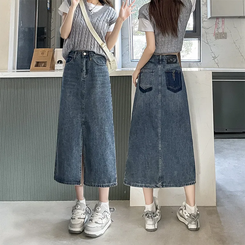 FAWENXIANGZI Denim Long Skirt Women's Vintage Blue-4