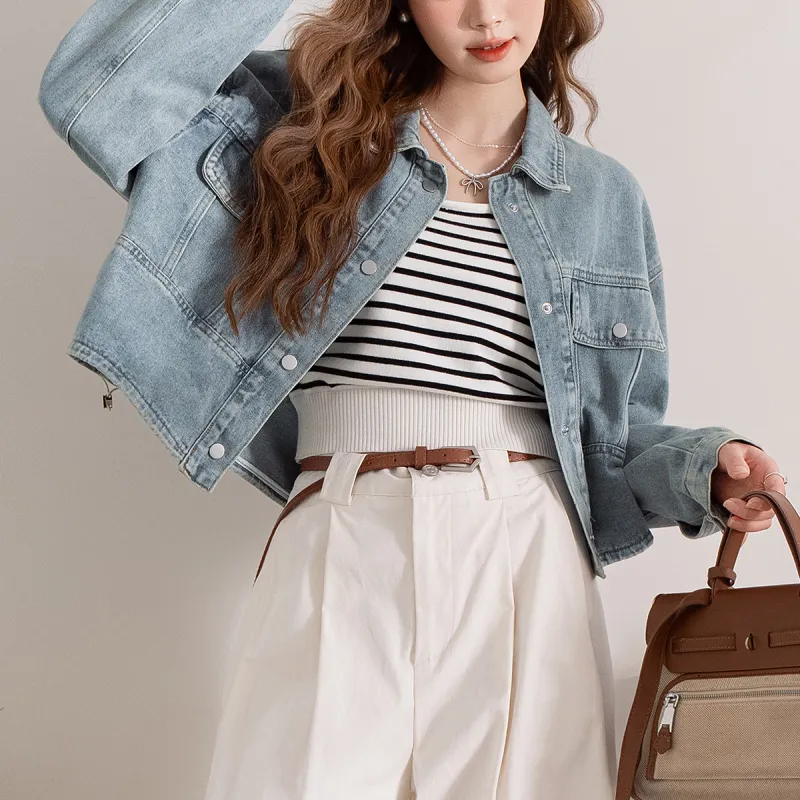 FAWENXIANGZI Denim Jacket Women's Light Denim Blue-2