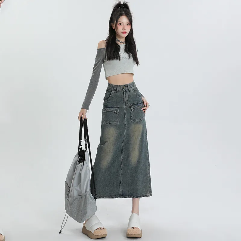 FAWENXIANGZI Denim Long Skirt Women's Nostalgic Blue-1