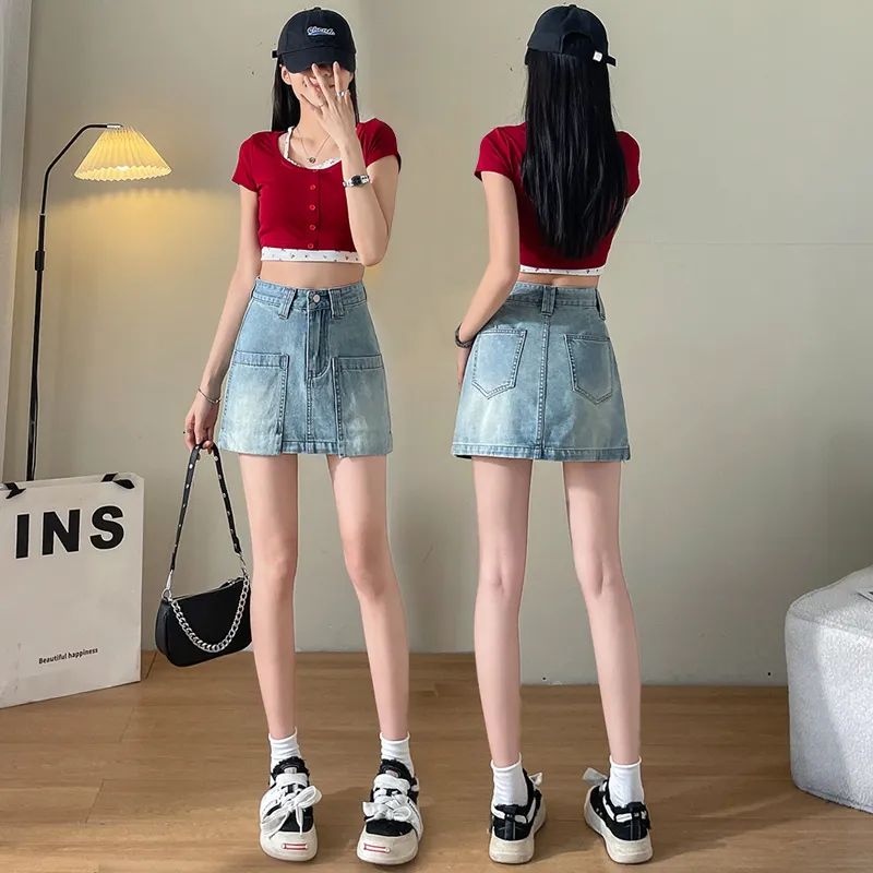 FAWENXIANGZI Denim Short Skirts Women's Blue-4